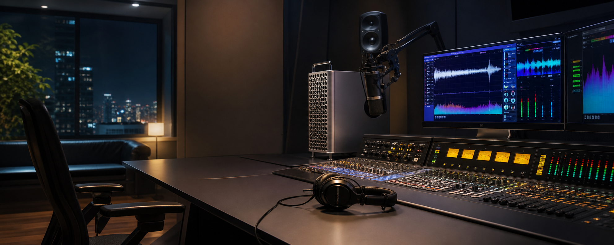 Modern AI radio studio with audio equipment and glowing waveform displays